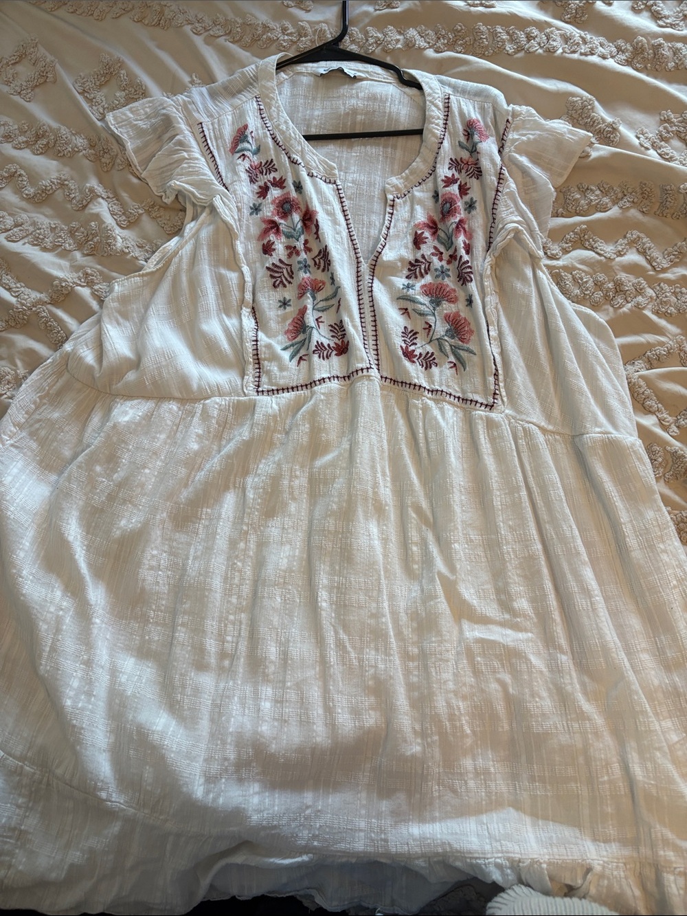 Women’s White Embroidered Peasant dresswith Pink Floral Detail